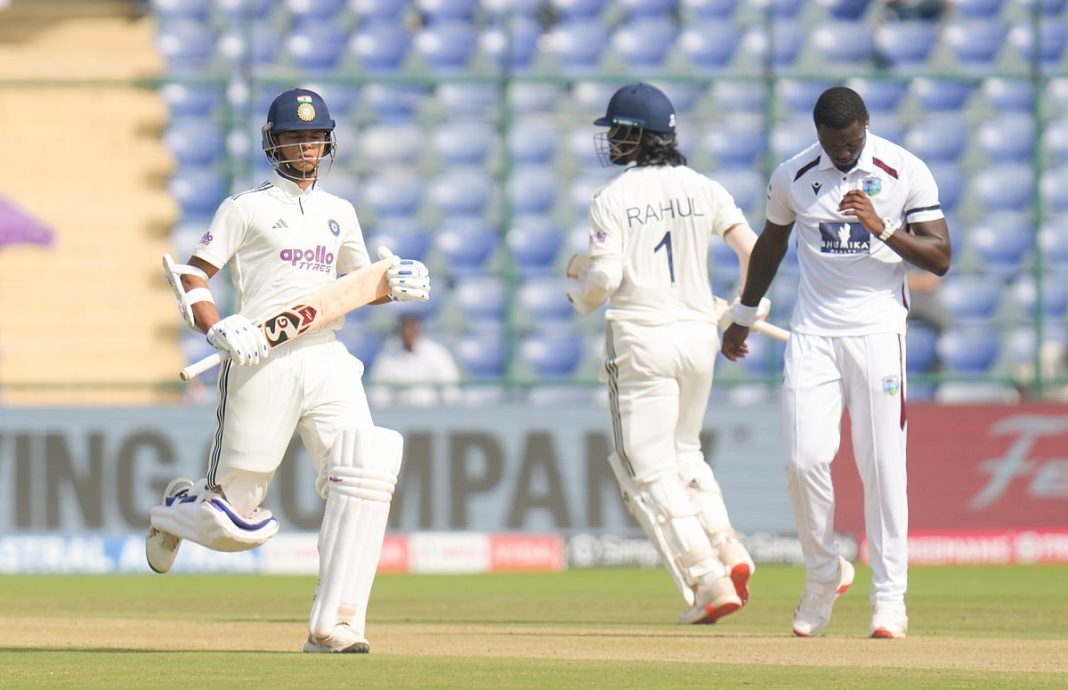 India's KL Rahul and Yashasvi Jaiswal run between the wickets on day one of the second and final Test cricket match of a series between India and West Indies, at the Arun Jaitley Stadium, in New Delhi, Friday, Oct. 10, 2025.
