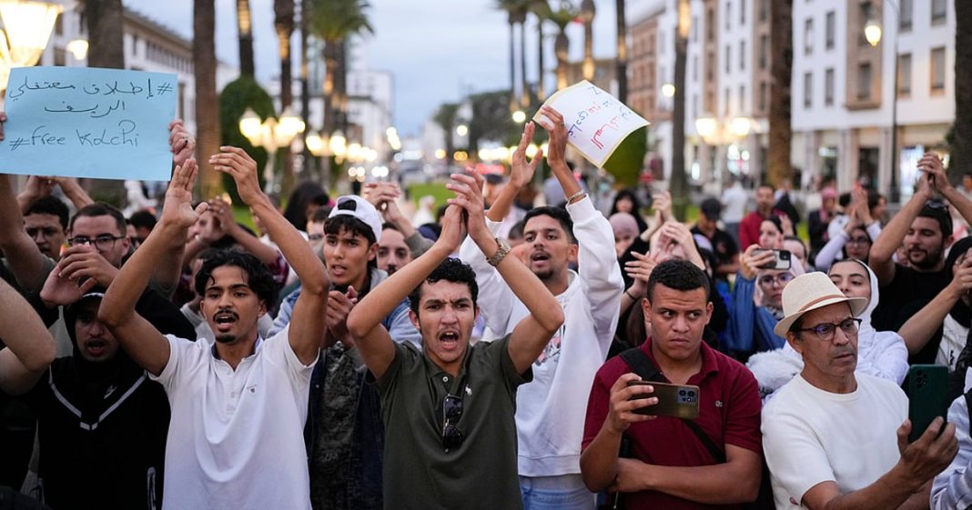People take part in a youth-led protest against corruption and calling for education and healthcare reforms in Rabat, Morocco, Thursday, Oct. 9, 2025.
