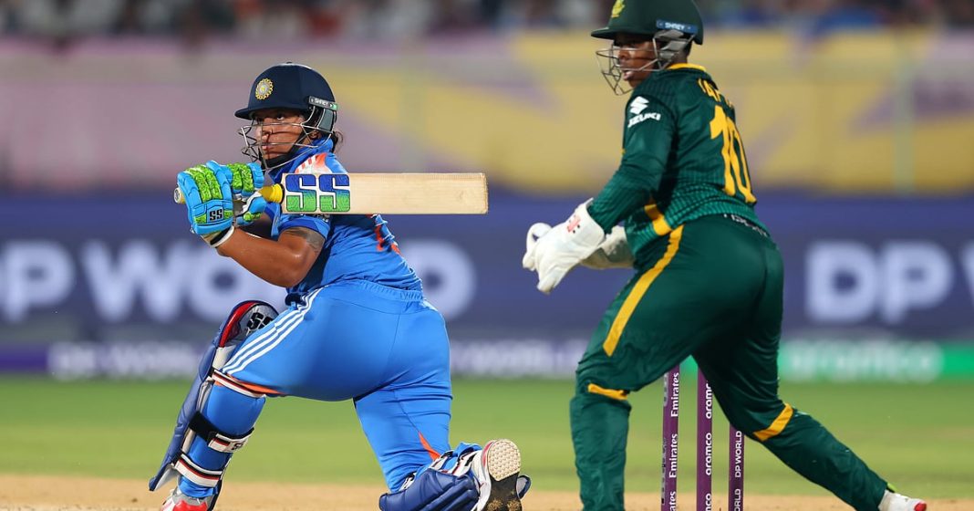 Richa Ghosh plays a shot during the ICC Women's Cricket World Cup match between India and South Africa at the ACA-VDCA International Cricket Stadium, in Visakhapatnam, Thursday, Oct. 9, 2025.