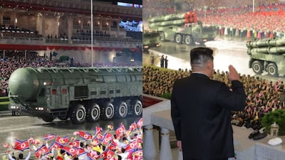 North Korean leader Kim Jong Un watches a military parade celebrating the 80th anniversary (Reuters image)
