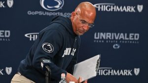 Penn State head coach James Franklin leaves a press conference following an NCAA college football game against Northwestern, Saturday, Oct. 11, 2025, in State College, Pennsylvania. (AP Photo/Barry Reege)
