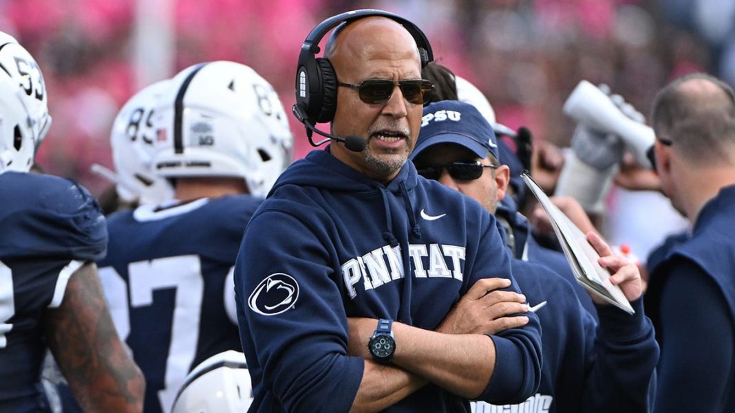 Penn State head coach James Franklin reacts during the second quarter of an NCAA college football game against Northwestern, Saturday, Oct. 11, 2025, in State College, Pennsylvania.