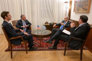Israeli Prime Minister Benjamin Netanyahu meets with US Special Envoy Steve Witkoff and Jared Kushner in Jerusalem on Thursday. Seated next to Netanyahu is Ron Dermer, Netanyahu’s confidant and Minister for Strategic Affairs.