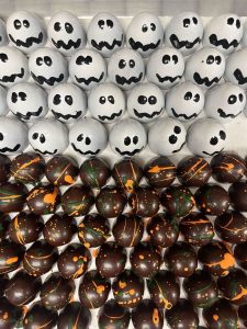 Pistachio ghosts and blood orange pistachio chocolate confections at Escazú Chocolates.