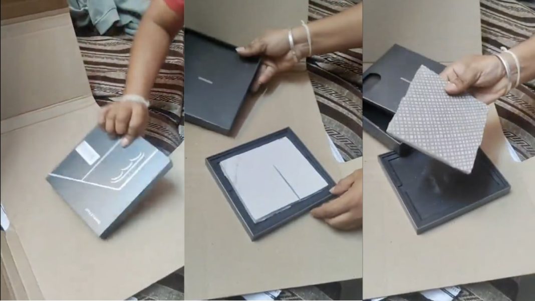 Amazon delivery scam sends marble tile instead of Samsung Galaxy Z Fold 7. (Image: @dpkBopanna via X)