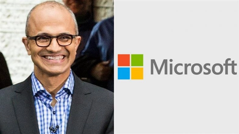 Microsoft Layoffs | Satya Nadella, Microsoft Logo (Photo Credits: Wikimedia Commons)