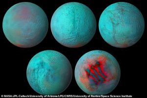 In 2005, the Cassini spacecraft discovered striking tectonic faults at the south pole known as 'tiger stripes' (bottom right), which allow water from the inner ocean to escape. Analysis found that this water contained complex molecules associated with the origins of life