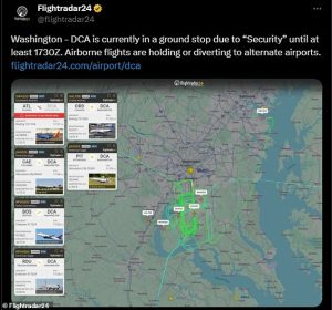 Flight radar around DCA captured several planes circling the airport during the ground stop, while others are diverting to other locations