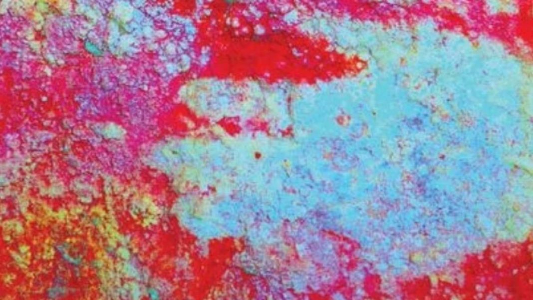 Maltravieso was filled with dozens of red ochre hand stencils. Left: Original photo, with inset showing where the overlying carbonate was sampled. Right: Same photo with enhanced color contrast