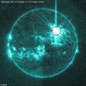 A powerful X5.1-class flare, capable of disrupting satellites, high-frequency radio and high-altitude flights, burst from the sun today