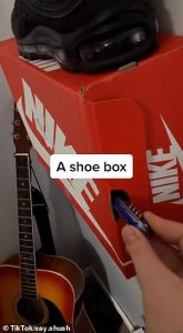 A separate clip shows someone using an empty shoebox as a hiding place
