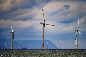Wind turbines can be found both off-shore and on land. Wind turns the propeller-like blades of a turbine around a rotor, which spins a generator, which creates electricity