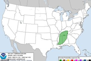 NOAA issued a low-level notice for severe weather in Georgia, Mississippi, Alabama, Tennessee, and Kentucky Friday night