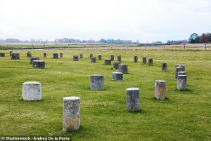 The pits encircle the ancient sites of Durrington Walls and Woodhenge. Woodhenge was an enormous timber monument built around 2500 BC, consisting of six concentric rings of posts of varying size forming an oval monument 40 metres across. Pictured: Stone pillars marking the locations of Woodhenge's timber posts