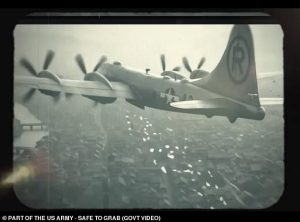 The video shows what appears to be WWII, with bombers dropping leaflets from the skies