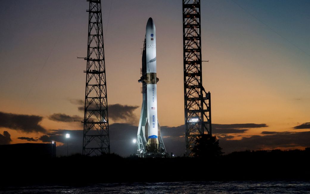A Blue Origin New Glenn rocket sits on its pad November 8, prepared to launch NASA's Escapade Mars mission from the Cape Canaveral Space Force Station in Florida.