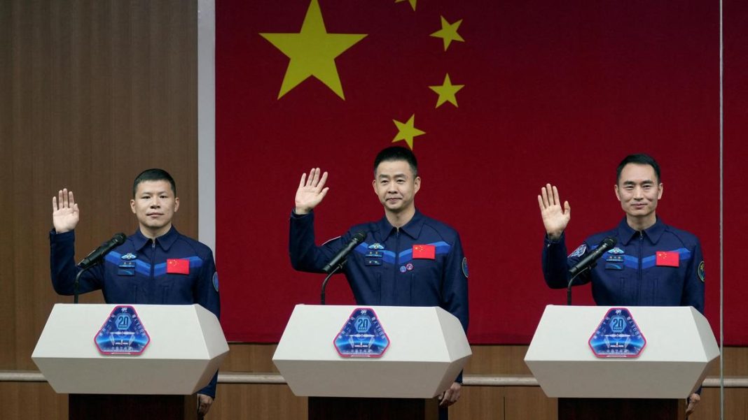 Chinese astronaut Chen Dong, Chen Zhongrui, and Wang Jie meet the press before the upcoming Shenzhou-20 spaceflight mission, at Jiuquan Satellite Launch Centre near Jiuquan, Gansu province, China. File | Photo Credit: Reuters