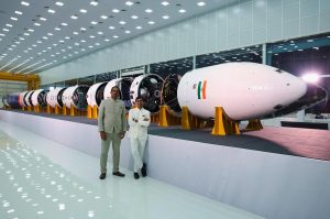 Naga Bharath Daka and Pawan Kumar Chandana, founders of Skyroot Aerospace, pose in front of Vikram-I, India’s first private commercial rocket, at the campus of Skyroot Aerospace during the inauguration ceremony of Infinity Campus, Hyderabad, November 27, 2025.