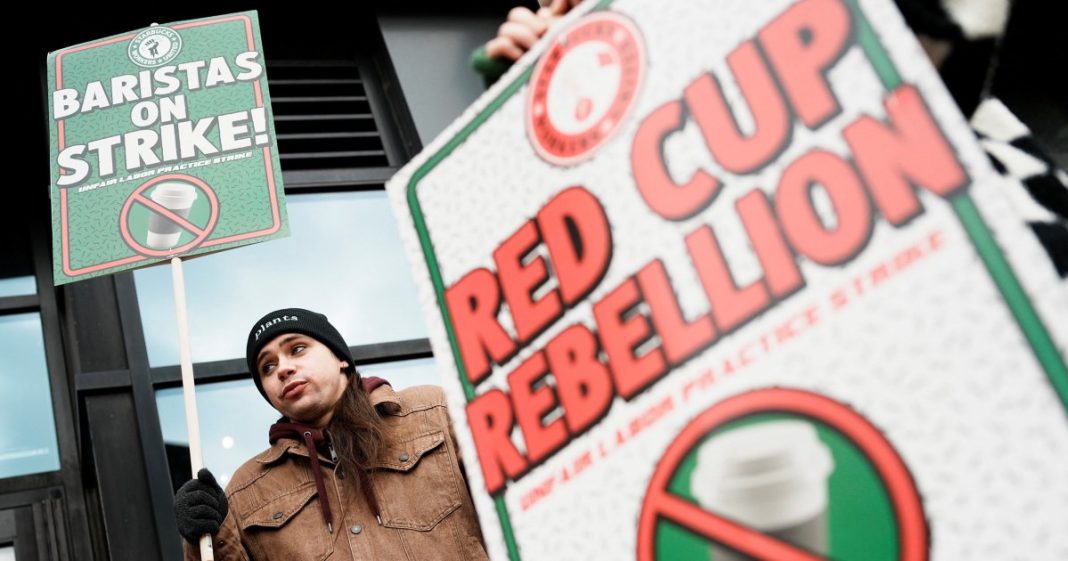 Starbucks employees strike in New York City on Thursday.