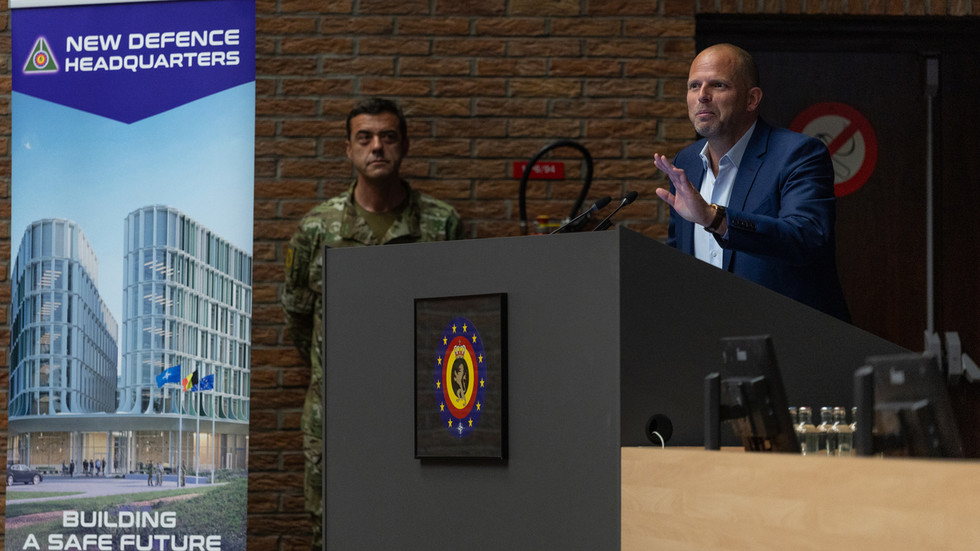 FILE PHOTO: Defense Minister Theo Francken lays the foundation stone of the new military headquarters in Brussels, Belgium, June 3, 2025 ©  Omar Havana / Getty Images
