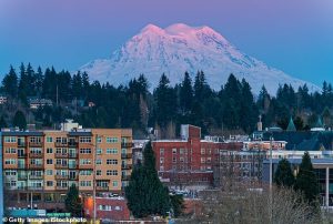 Mount Rainier, one of the most dangerous volcanos in the US, looms over Olympia, Washington. This city is home to more than 50,000 people