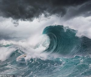 Mega tsunamis can be triggered by events such as landslides or volcanic island collapses. Scientists believe an asteroid impact triggered a mile-high mega-tsunami during the time of the dinosaurs (stock image)