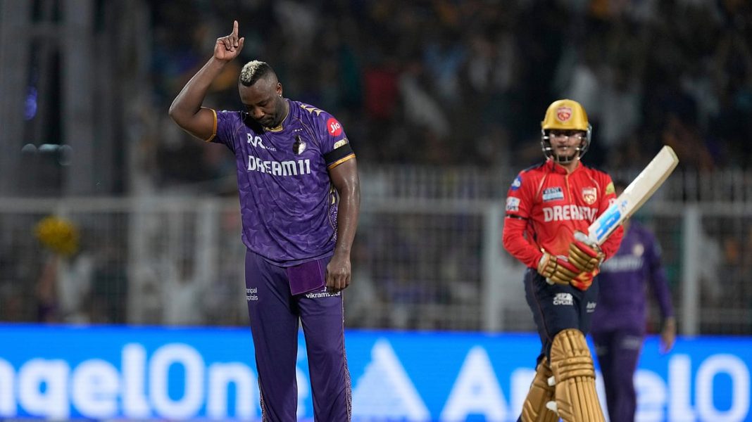 Kolkata Knight Riders' Andre Russell celebrates the wicket of Punjab Kings' Priyansh Arya at Eden Gardens in Kolkata in Kolkata.