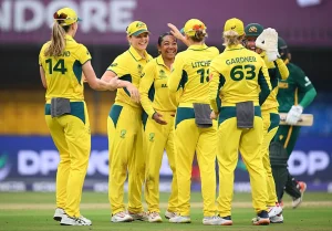 Australia celebrating Alana King's wicket against South Africa in the ICC Women's World Cup 2025 - X/ICC