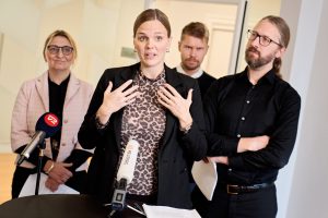 Caroline Stage, Danish Minister for Digitalization and representatives from the agreement parties attends a press conference about a new political agreement for better protection of children and young people online