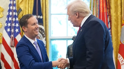 US President Donald Trump shakes hands with US Ambassador to India Sergio Gor in the Oval Office at the White House. (IMAGE: AP PHOTO)
