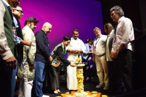Soth Korean National Assembly member Jaewon Kim innaugurates the WAVES Film Bazaar, flanked by Anupam Kher, Union Minister of State for Information and Broadcasting L. Murugan and other dignitaries.