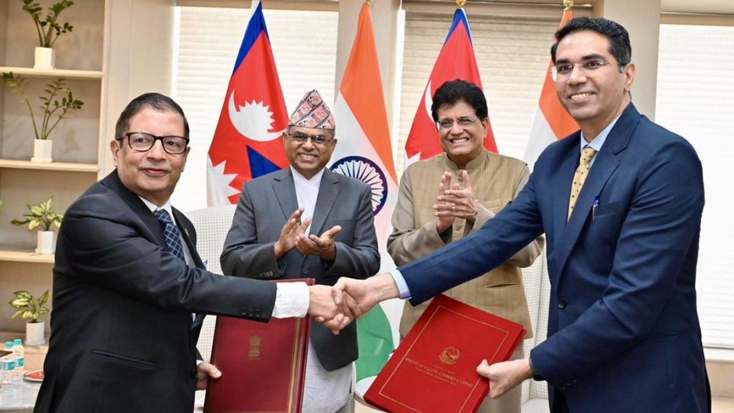 Commerce and Industry Minister Piyush Goyal and Nepal’s Minister for Industry, Commerce and Supplies Anil Kumar Sinha met in New Delhi on Thursday, November 13, 2025. Photo credit: X/PiyushGoyal