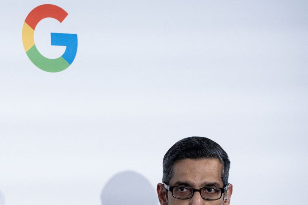 Google CEO Sundar Pichai speaks during the inauguration of a Google AI hub in Paris on 15 February, 2024 (AFP via Getty Images)