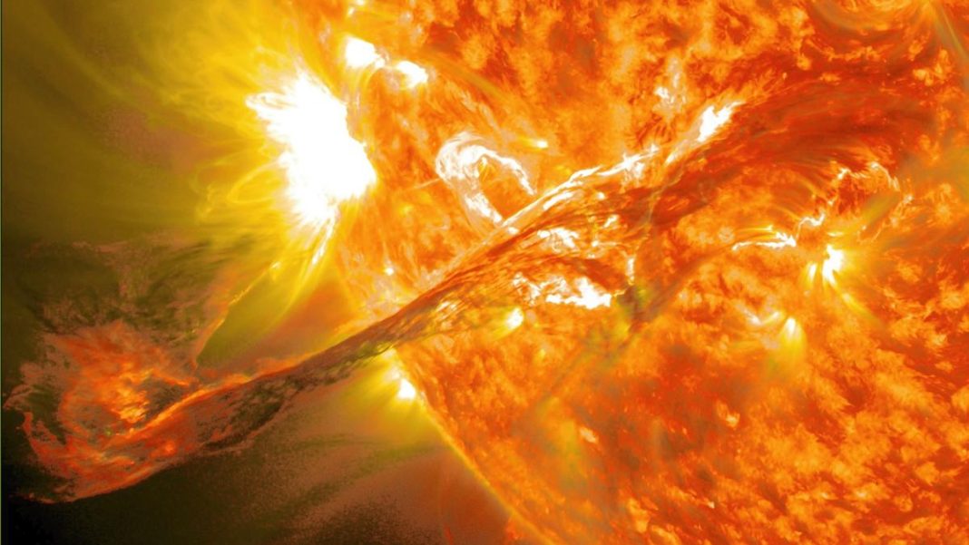 In 2012, a long filament of solar material that had been hovering in the sun's atmosphere, the corona, erupted out into space. This coronal mass ejection (CME) travelled at over 1,450 km per second. This event is depicted in this representative image. | Photo Credit: NASA