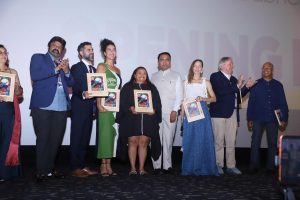 Nandamuri Balakrishna, Chief Minister Dr. Pramod Sawant pose alongside director Gabriel Mascaro and the cast and crew of ‘The Blue Trail’ at the 56th International Film Festival of India, Goa.