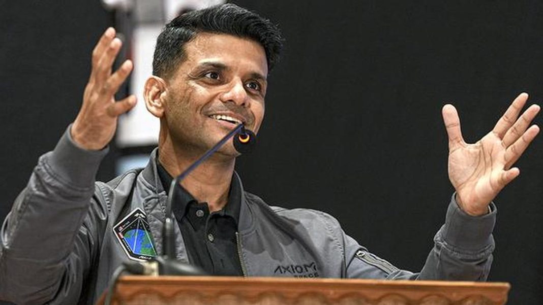 Astronaut Shubhanshu Shukla speakng at an interaction in Bengaluru. | Photo Credit: PTI