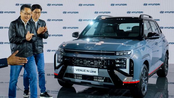 Hyunday Motor India managing director Unsoo Kim and executive director, sales, marketing and service, JT Park at the launch of 2025 Hyundai Venue SUV and Hyundai Venue N Line, in New Delhi, on Tuesday.