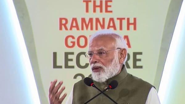 In this screengrab from a video released on Nov. 17, 2025, Prime Minister Narendra Modi delivers the sixth Ramnath Goenka Lecture, in New Delhi. (@NarendraModi via PTI Photo)