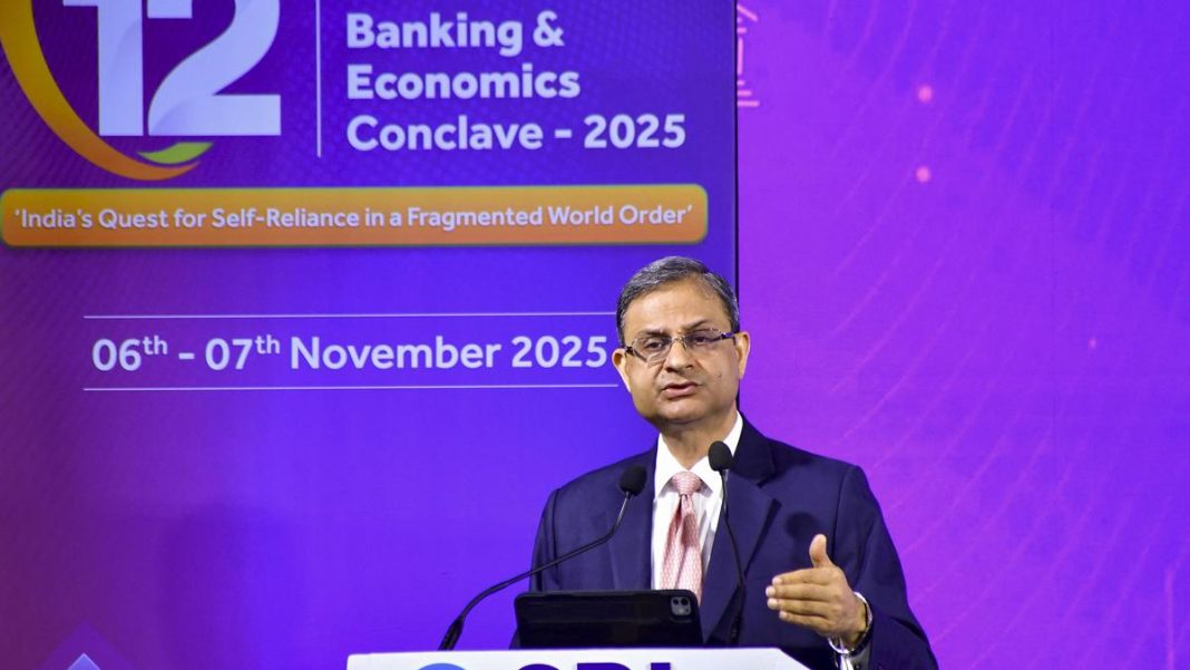 Reserve Bank of India (RBI) Governor Sanjay Malhotra addresses a gathering during the SBI Banking and Economics Conclave 2025, in Mumbai, Friday, Nov. 7, 2025.