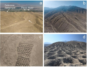 Monte Sierpe: (a – c) aerial photographs of the Band of Holes and its surrounding environment; (d) ground-level photograph of the holes