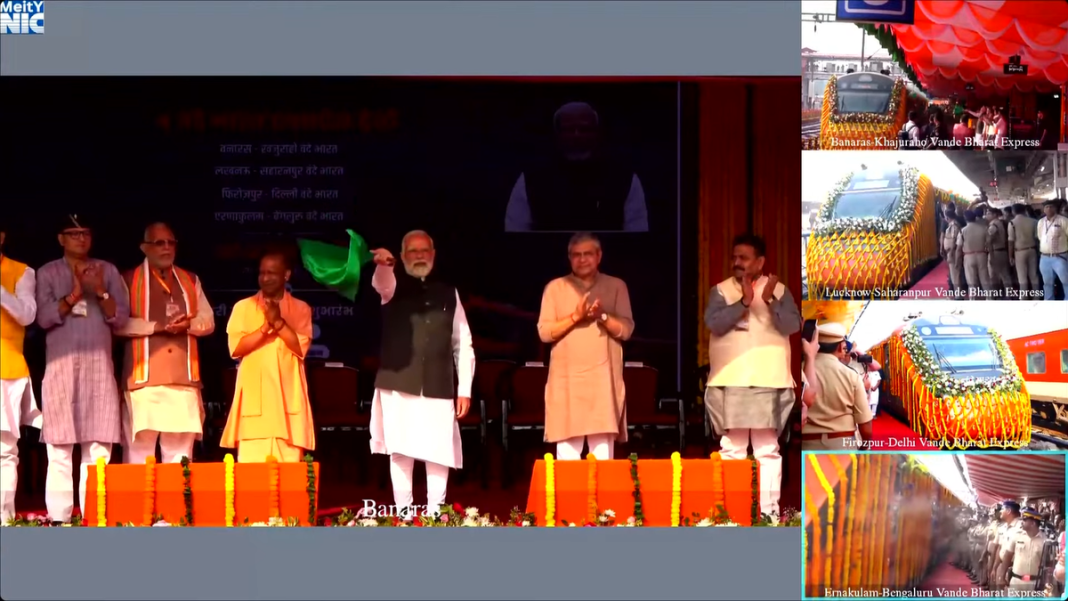 Prime Minister flagging off the Vande Bharat trains from Banaras railway station in Varanasi on November 8, 2025. Photo: Youtube/DD News