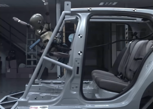 A seized knock-off car seat fails a crash test as dummy is hurled through windscreen