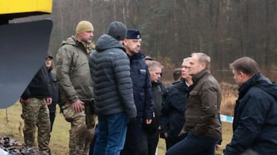 Polish Prime Minister Donald Tusk at the blast site on Monday. (Donald Tusk/X)