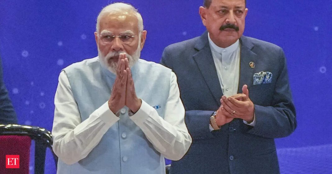 Prime Minister Narendra Modi with Union Minister of State of Science and Technology Jitendra Singh during the inauguration of the Emerging Science and Technology Innovation Conclave (ESTIC) 2025, at Bharat Mandapam, New Delhi