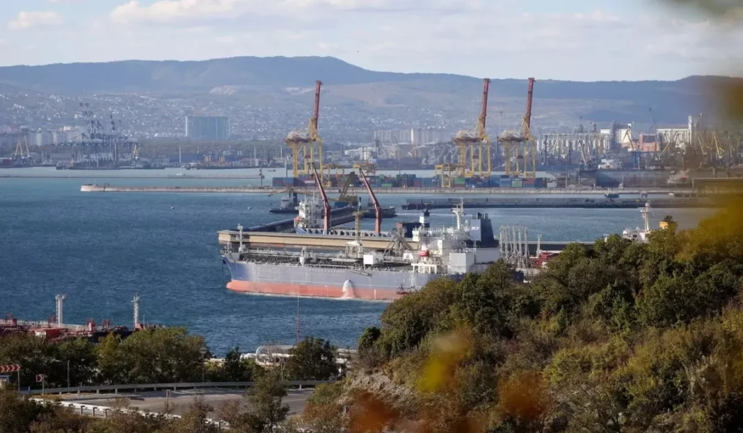 An oil tanker is moored at the Sheskharis oil and petroleum complex on the Black Sea port of Novorossiysk.