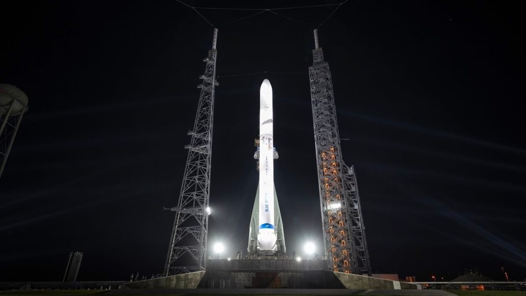 Blue Origin's New Glenn launch vehicle vertical on pad. (Photo: Blue Origin)