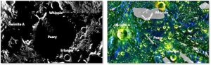 (Left) Optical and (Right) DFSAR Image of Peary Crater region in Lunar North Pole, from a section marked on the mosaic. (Photo: Isro)