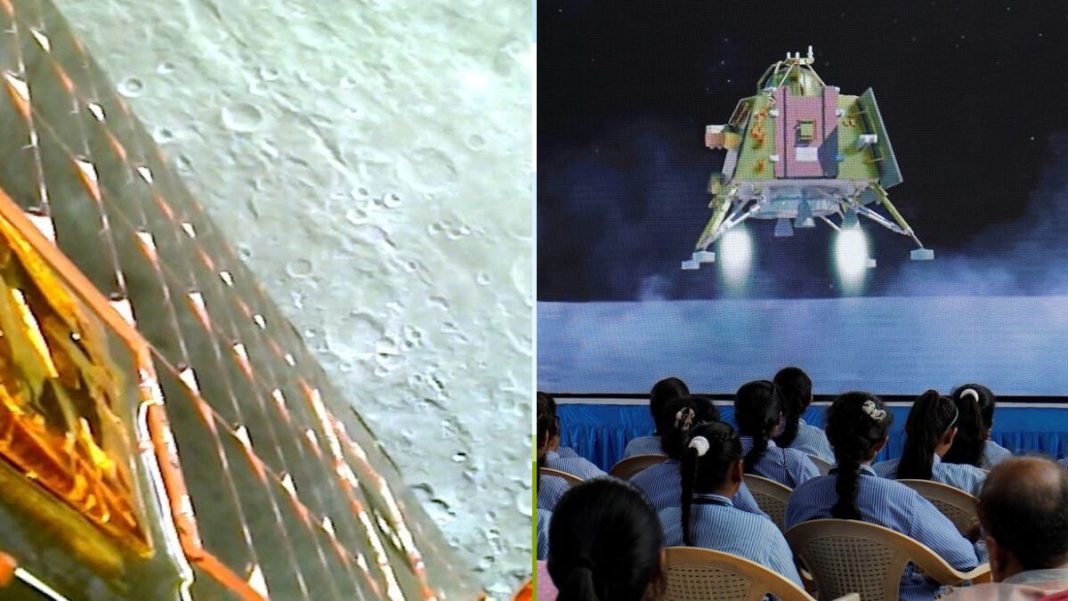 A view of the Moon's surface from the Chandrayaan-3 lander during Lunar Orbit Insertion in August 2023 (L); People watching a livestream of the Chandrayaan-3 spacecraft's landing on the Moon in August 2023 | ISRO via Reuters
