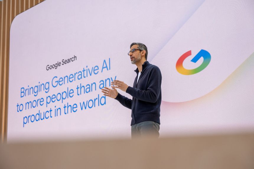 Google CEO Sundar Pichai addresses the crowd during Google's annual I/O developers conference in Mountain View, California, on May 20, 2025.