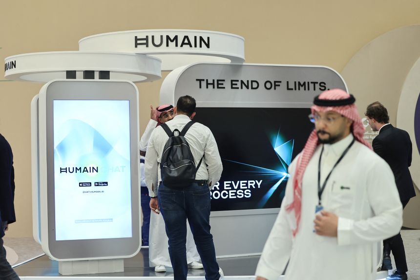 AI company Humain's booth during the Future Investment Initiative conference in Riyadh, Saudi Arabia, on October 29, 2025.
